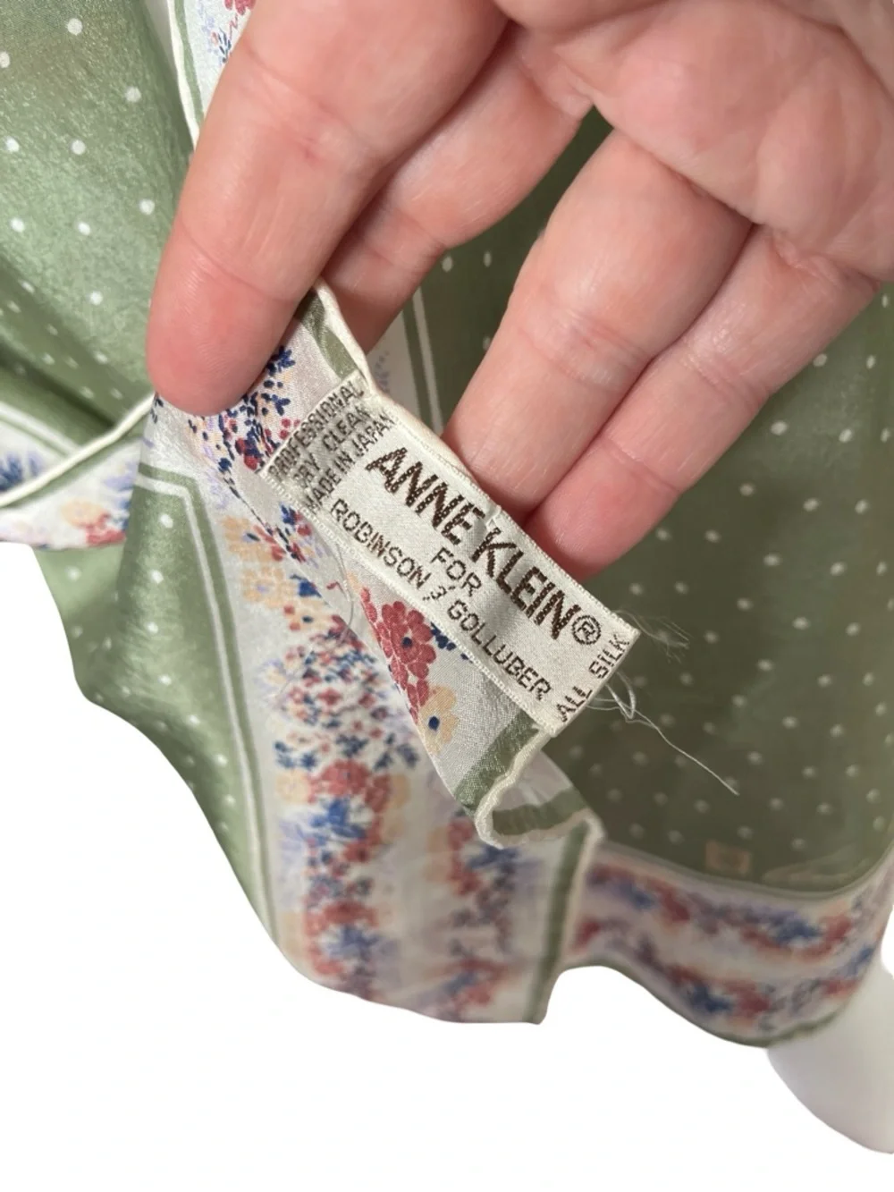 Vintage Anne Klein Long silk Scarf Floral Polka Dot Sheer Cottagecore